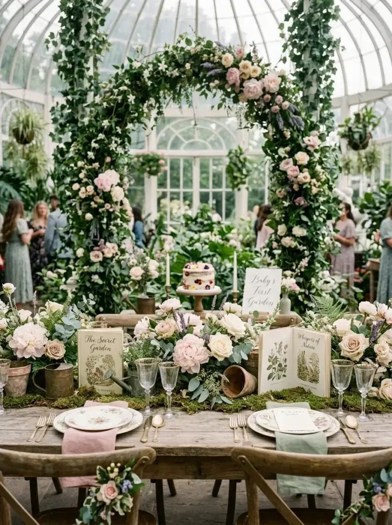 Secret Garden storybook baby shower with climbing greenery, vintage books, and romantic pastel flowers.