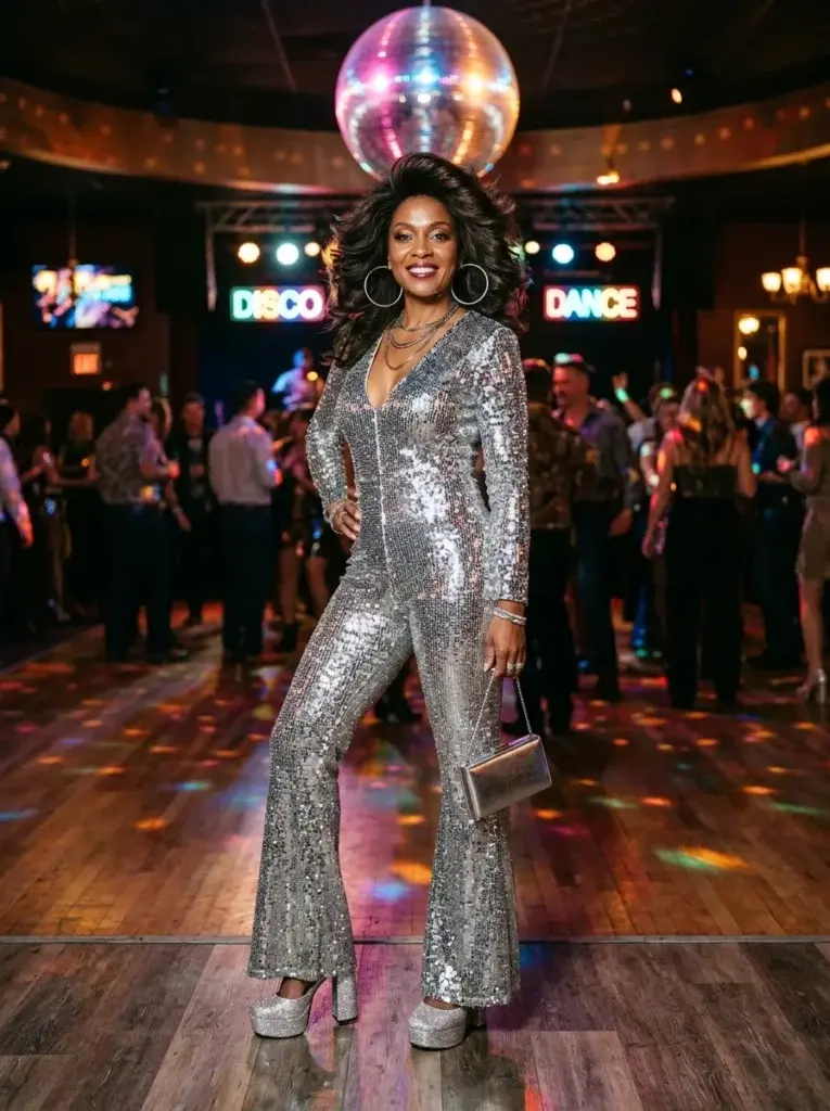 Seventies disco queen solo Halloween costume with a silver sequin jumpsuit and platform heels.