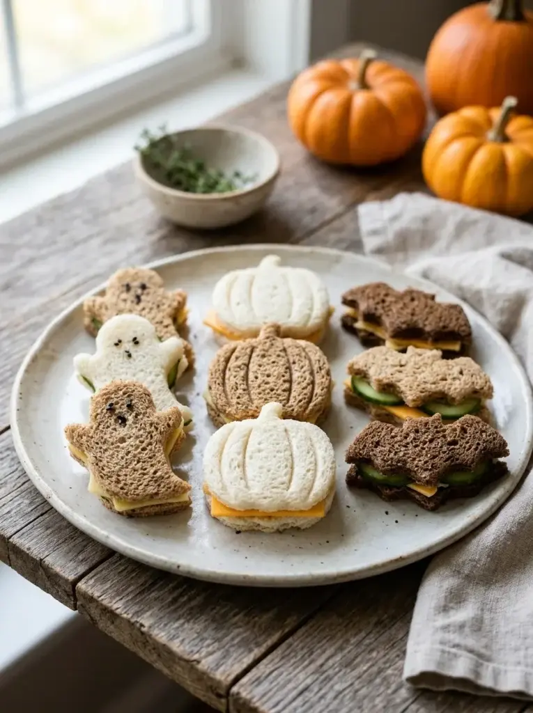 Small ghost-, pumpkin-, and bat-shaped Halloween sandwiches filled with cheese and cucumber on a serving platter.