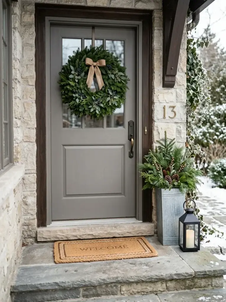 Small winter front stoop with a narrow evergreen planter, black lantern, and simple wreath.