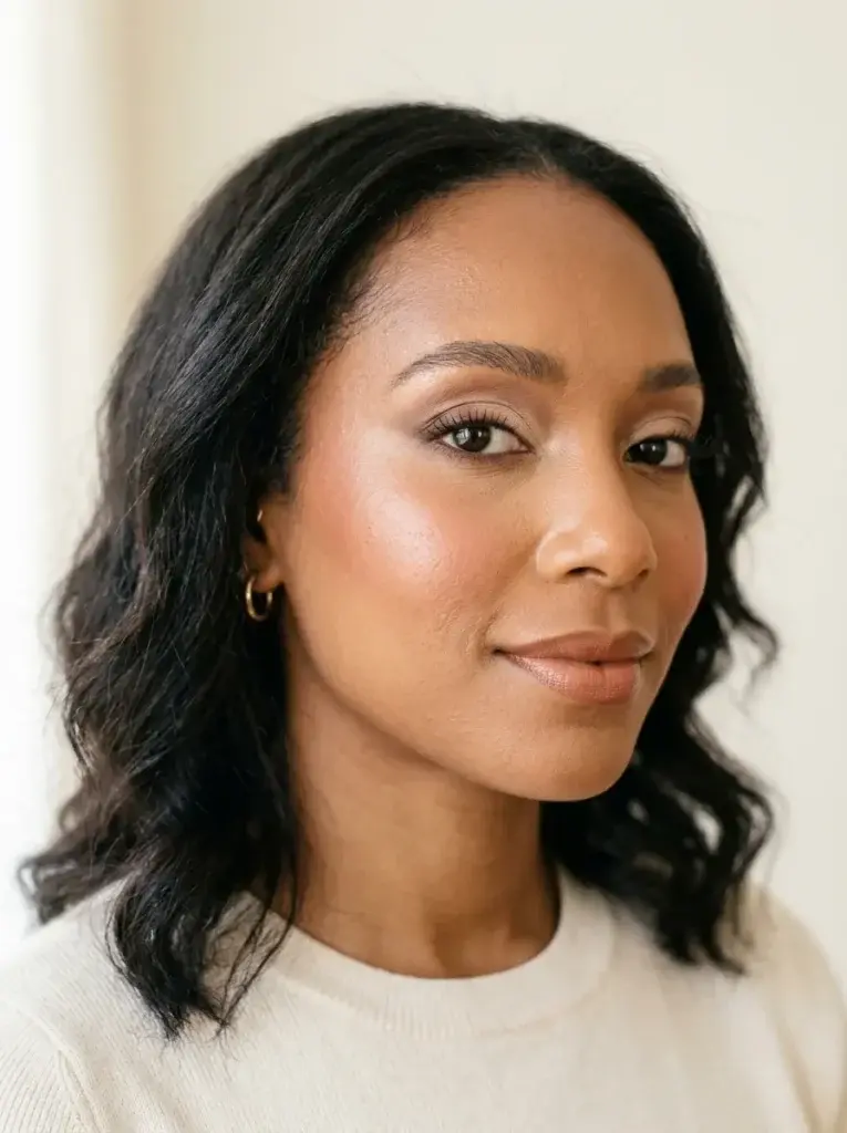 Soft glam makeup with champagne eyeshadow, peach-rose blush, sculpted cheeks, and satin nude lipstick.