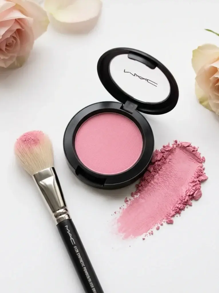 Soft pink powder blush compact beside a delicate cool-pink swatch.
