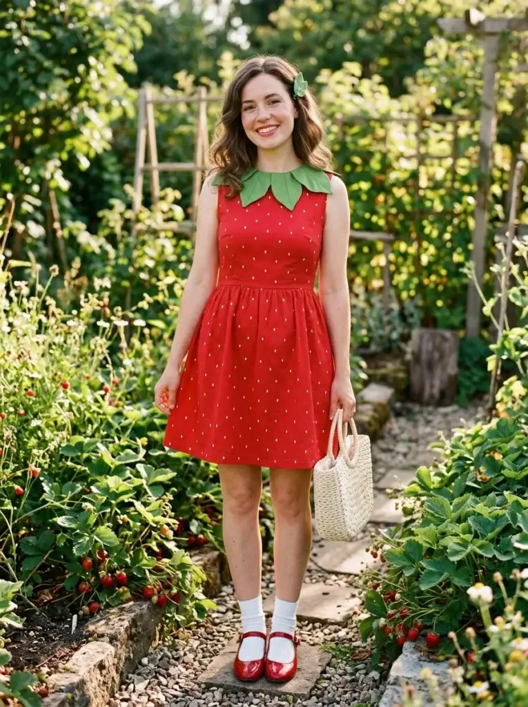 Strawberry girl solo Halloween costume with a red dress, green leaf accessories, and Mary Jane shoes.