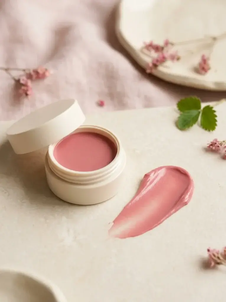 Strawberry-pink cream blush balm beside a smooth pink swatch.