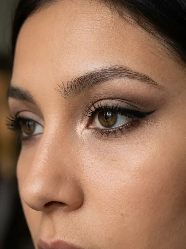 Subtle champagne highlight brightening the inner corner of a smoky taupe siren eye makeup look.