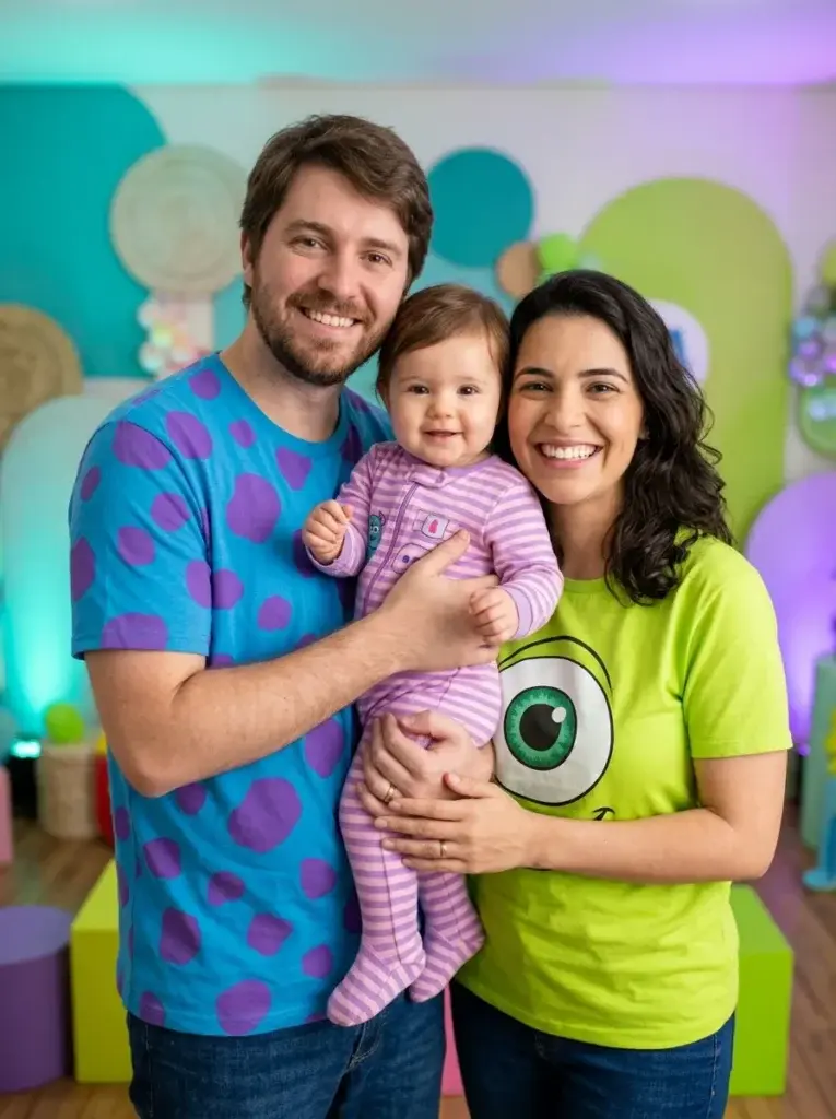 Sulley and Mike-inspired parents with their baby wearing a pink Boo-inspired Halloween outfit.