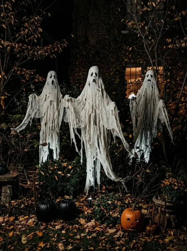 Tall eerie ghost figures emerging from dark garden shrubs beneath cool Halloween lighting.