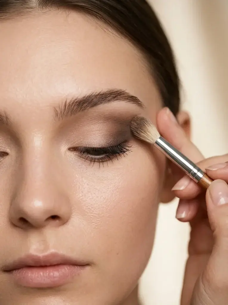 Taupe and warm brown eyeshadow blended softly across the outer eyelid to create an elongated siren eye shape.