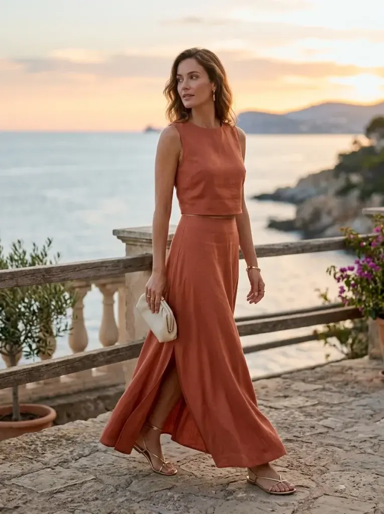 Terracotta two-piece maxi skirt set with gold earrings and strappy sandals for a sunset resort dinner.