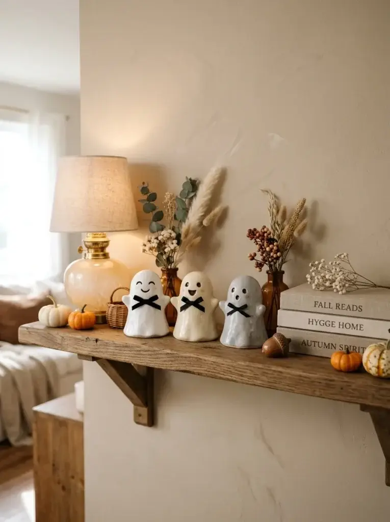 Three adorable ghost figurines styled on a wooden shelf with miniature pumpkins and dried flowers.
