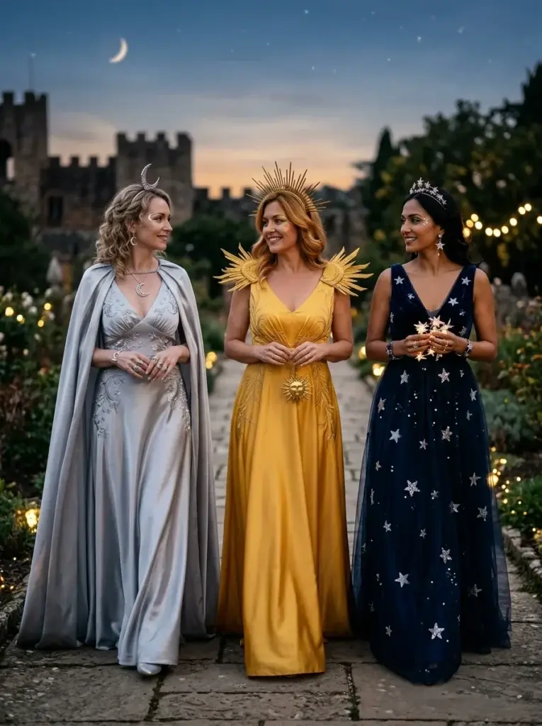 Three celestial characters wear gold, silver, and midnight-blue outfits representing the Sun, Moon, and Stars.
