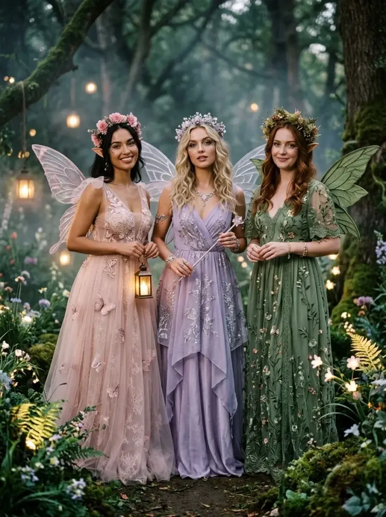 Three fairies wear pink, lavender, and sage-green dresses with translucent wings, floral crowns, and delicate magical accessories.