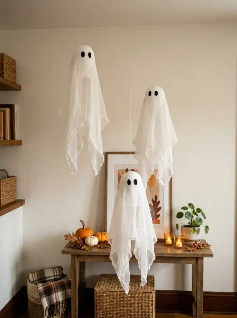 Three floating cheesecloth ghosts with simple black eyes create an airy, spooky Halloween display.