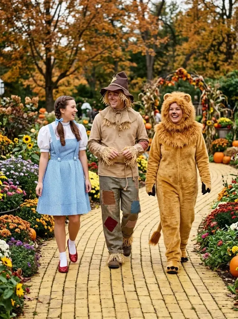 Three friends dressed as Dorothy, the Scarecrow, and the Cowardly Lion in recognizable storybook-inspired costumes.
