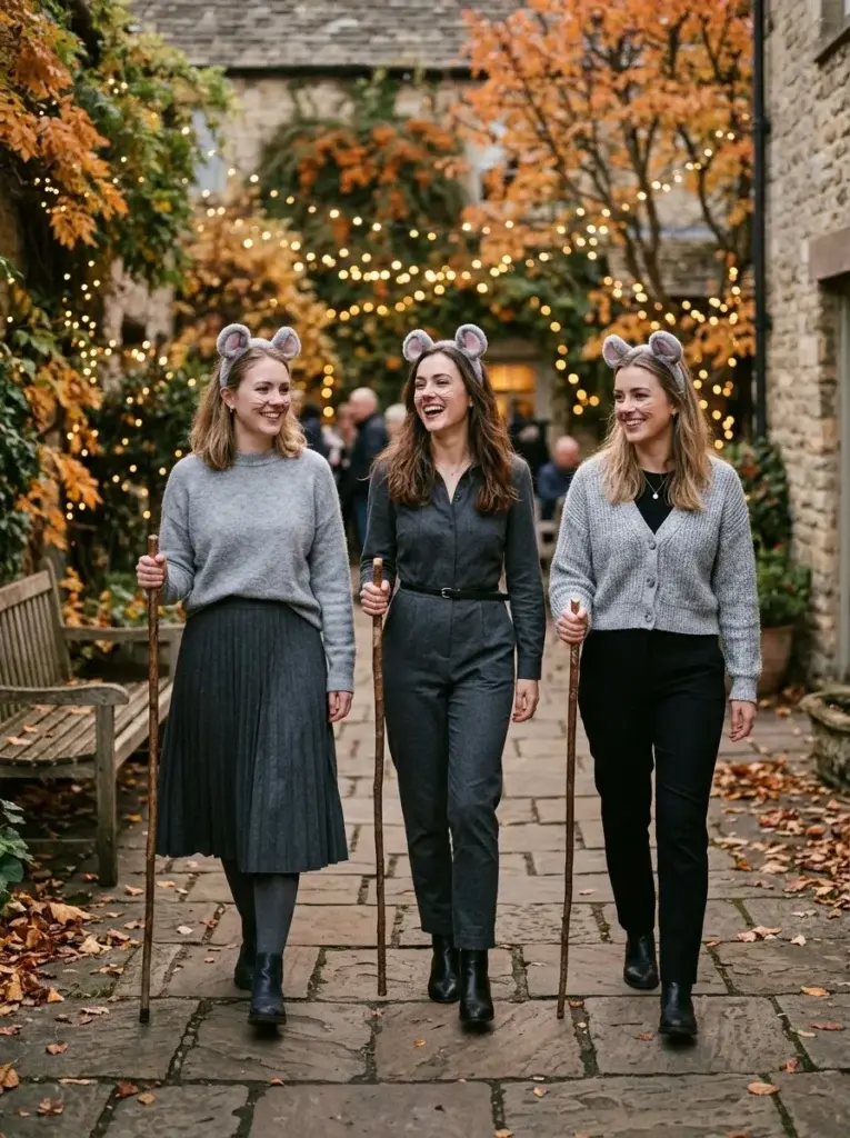 Three friends in coordinated gray outfits with mouse ears, pink noses, whisker makeup, and playful storybook styling.