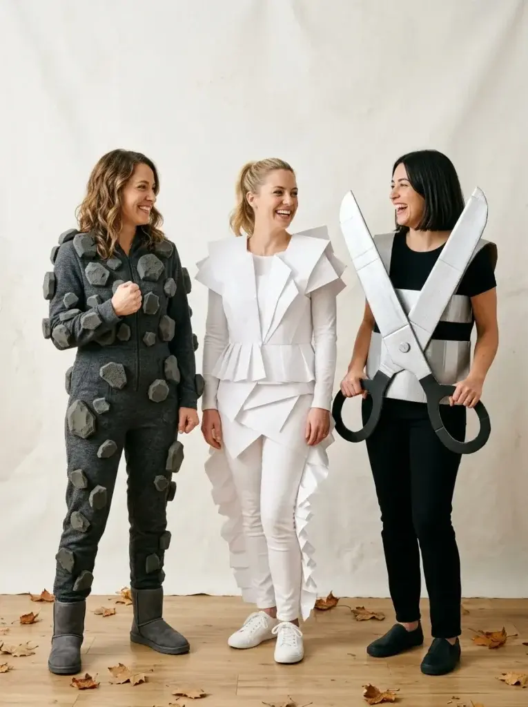 Three friends portray Rock, Paper, and Scissors using gray textured clothing, white geometric layers, and a silver scissors-inspired costume prop.