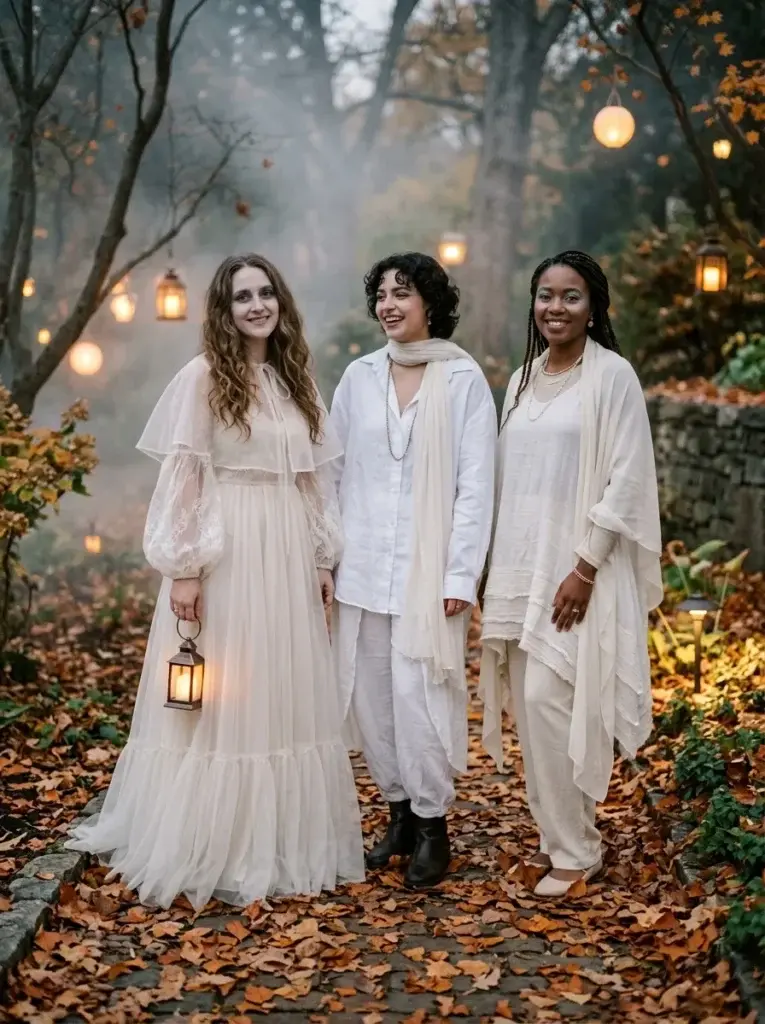 Three friends wear elegant white and ivory ghost-inspired outfits with flowing fabrics, subtle spooky makeup, and soft lantern lighting.