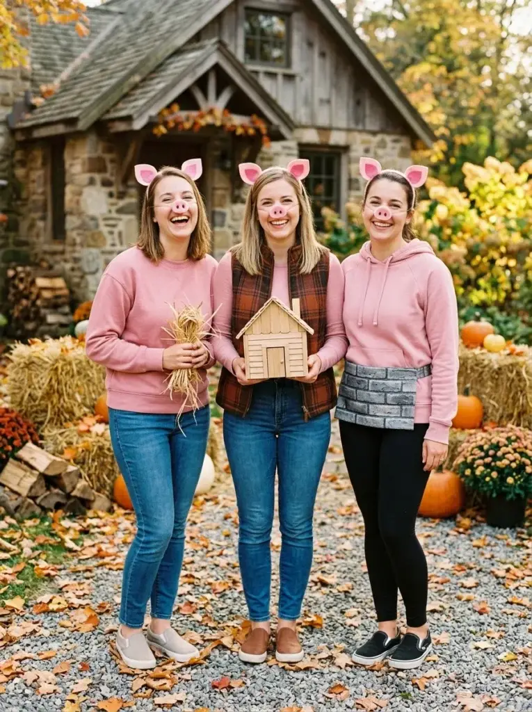 Three friends wear pink pig-inspired outfits with felt ears, rosy noses, and straw, wood, and brick-themed accessories.