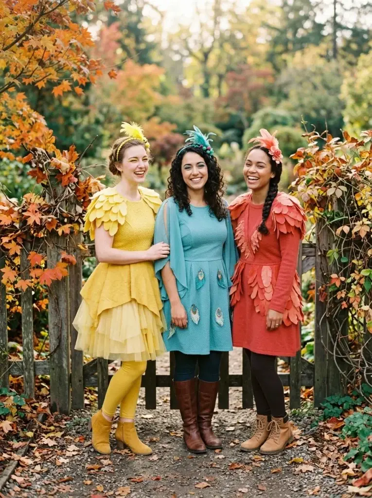 Three friends wear yellow, turquoise, and coral bird-inspired costumes with feather details, colorful headbands, and coordinated accessories.