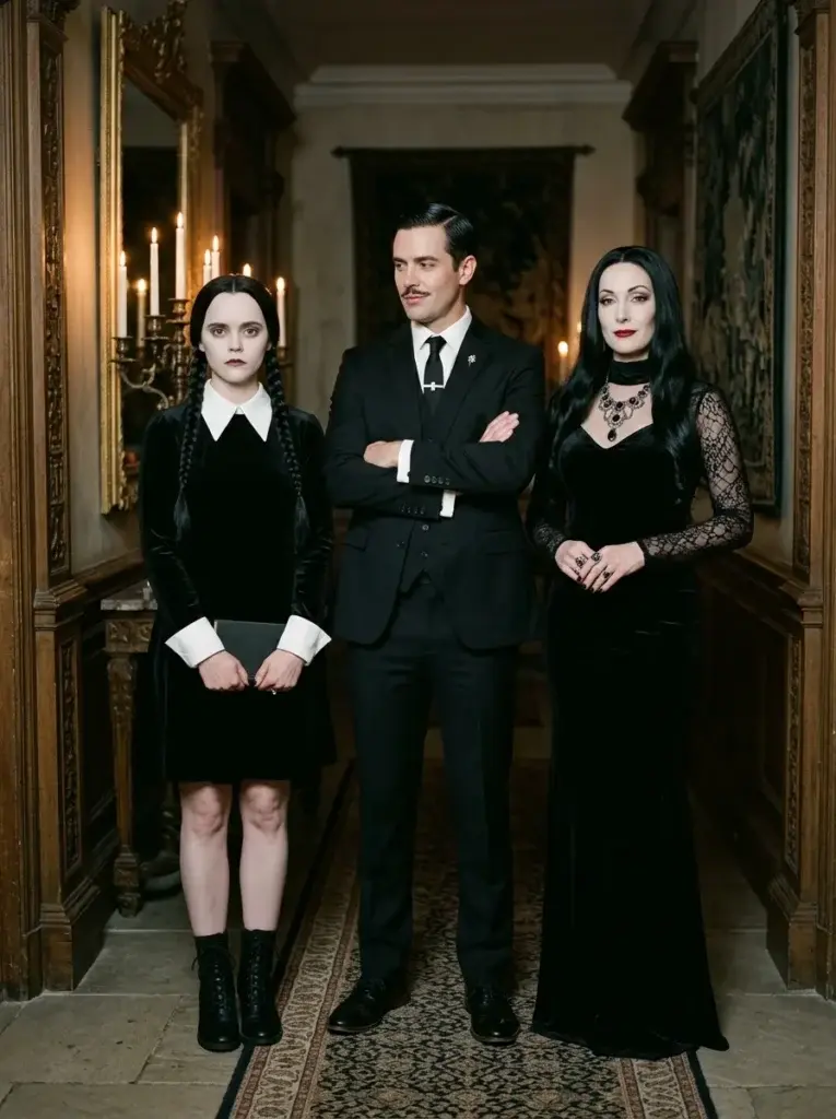 Three gothic characters wear black-and-white outfits, dark braids, a tailored suit, and vintage accessories in an atmospheric mansion.