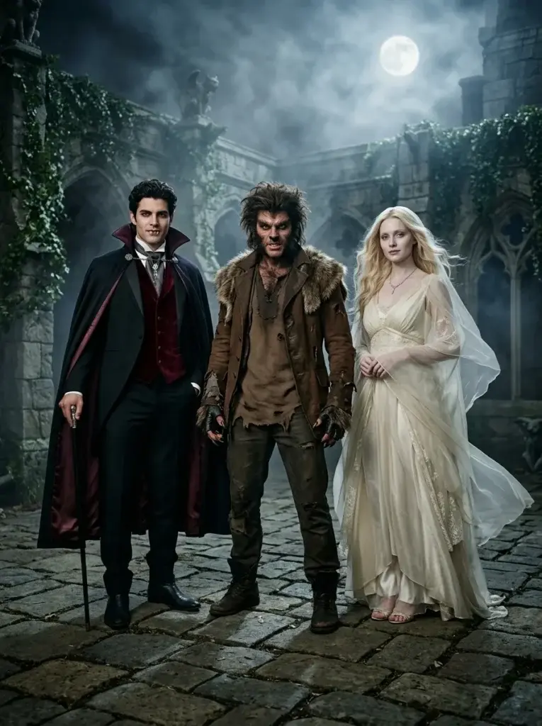 Three Halloween characters pose together as a vampire in black and burgundy, a furry werewolf, and a flowing ivory ghost.