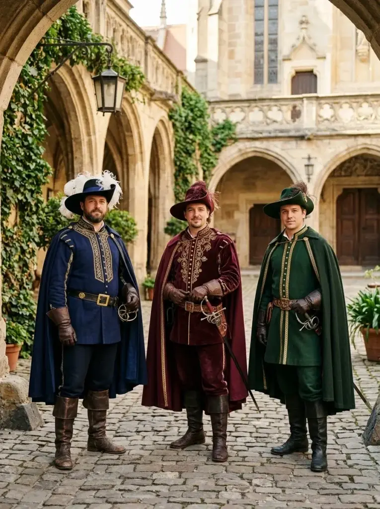 Three musketeer-inspired characters wear colorful historical tunics, feathered hats, flowing capes, and decorative belts in a stone courtyard.