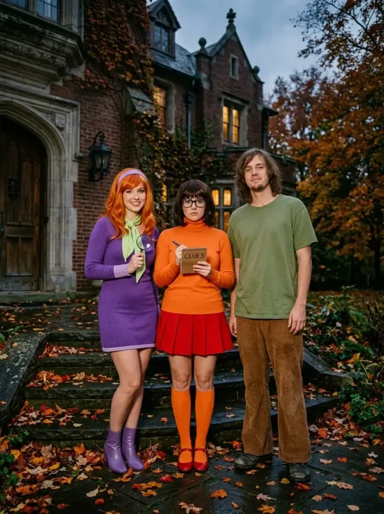 Three mystery-solving friends dressed in purple, orange, and green outfits inspired by Daphne, Velma, and Shaggy.