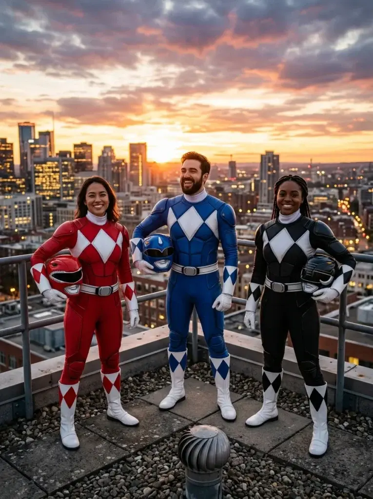Three superhero friends wear red, blue, and black Power Rangers-inspired suits with matching white accents and silver belts.