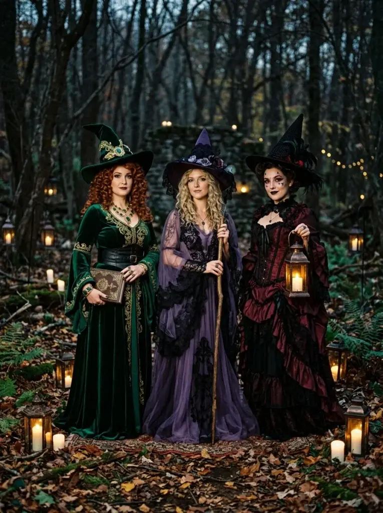 Three witch sisters wearing coordinated green, purple, and burgundy Halloween dresses with distinctive hairstyles and magical accessories.