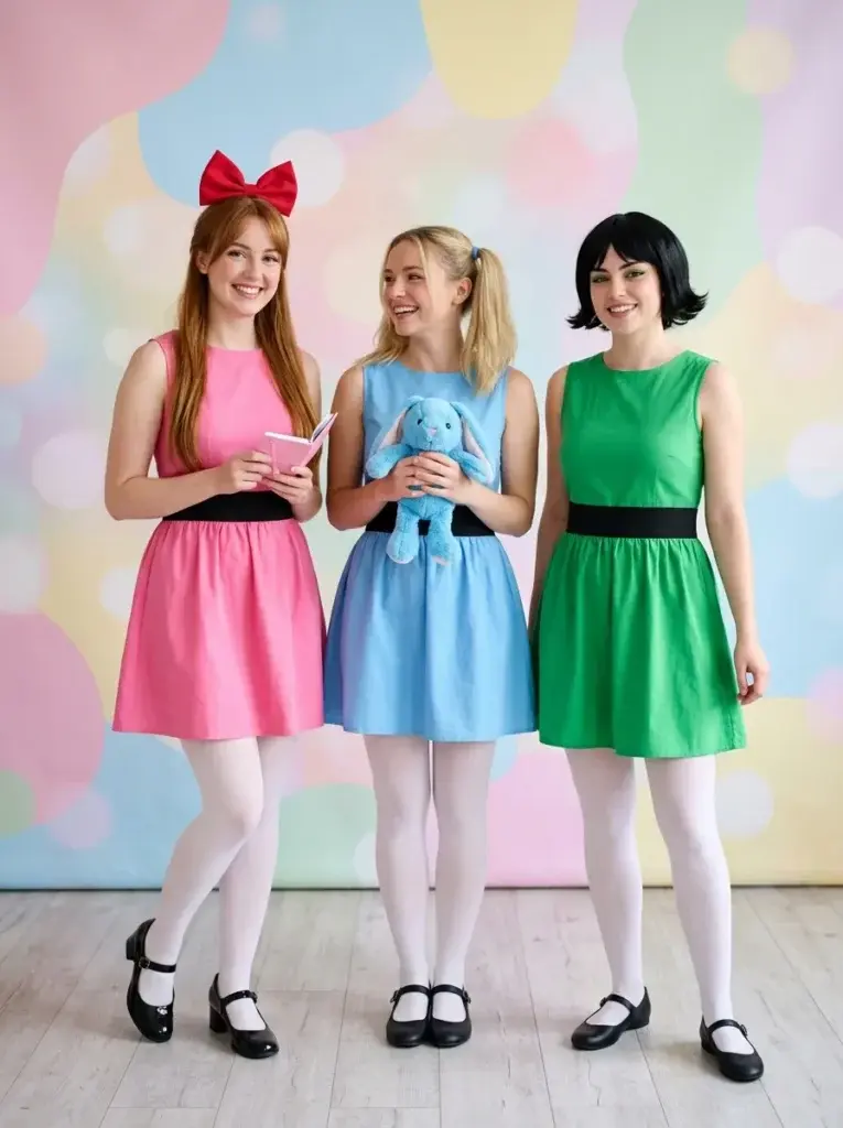 Three women dressed as the Powerpuff Girls in pink, blue, and green dresses with black waistbands and signature hairstyles.