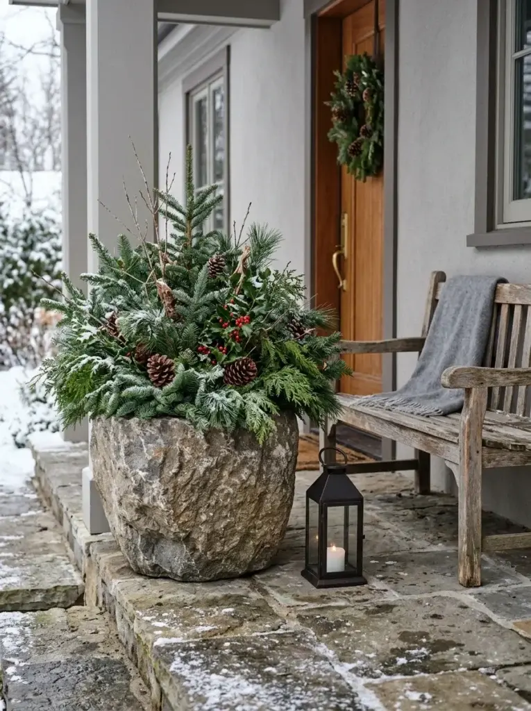 Timeless winter porch decor combining evergreen foliage, a wooden bench, a stone planter, and a lantern.