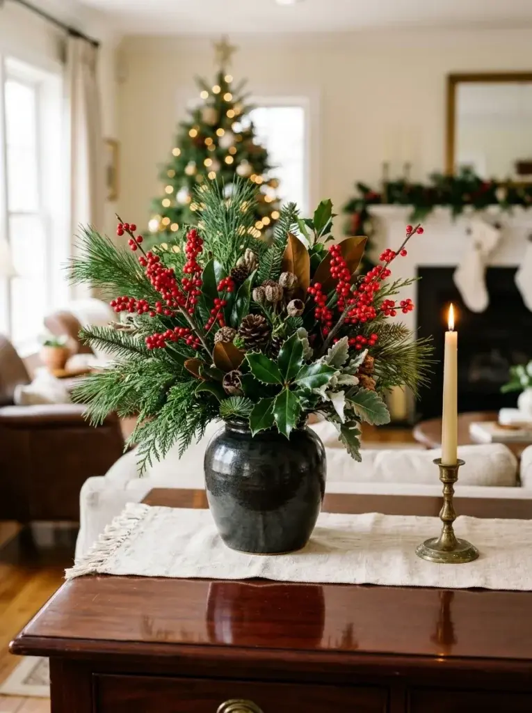 Traditional Christmas floral arrangement with evergreen branches, holly leaves, and red berries in a dark ceramic vase.