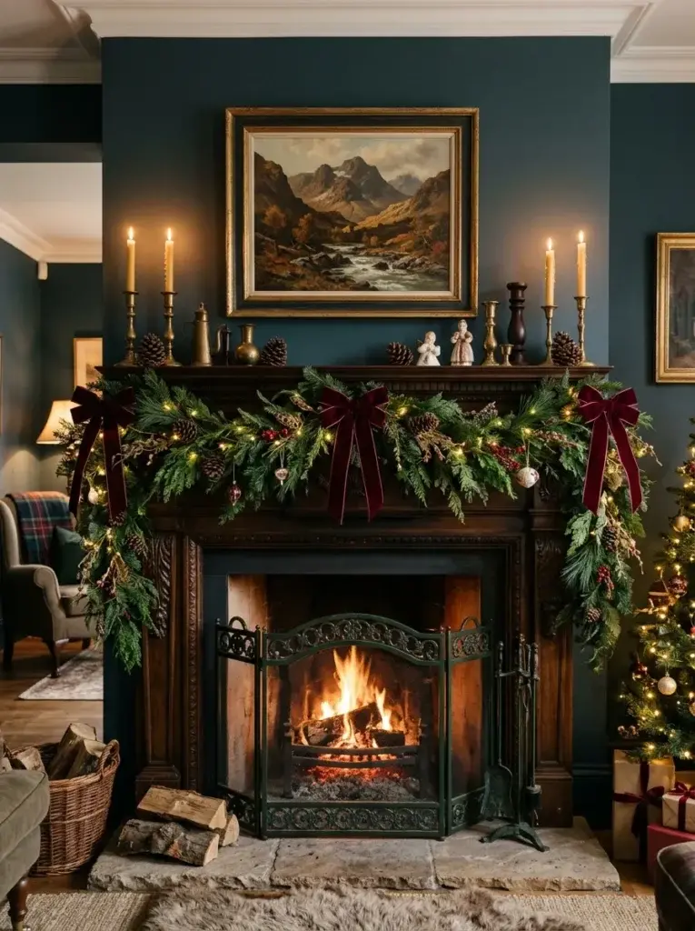 Traditional Christmas mantel decorated with lush evergreen garland, burgundy velvet bows, and brass candlesticks.