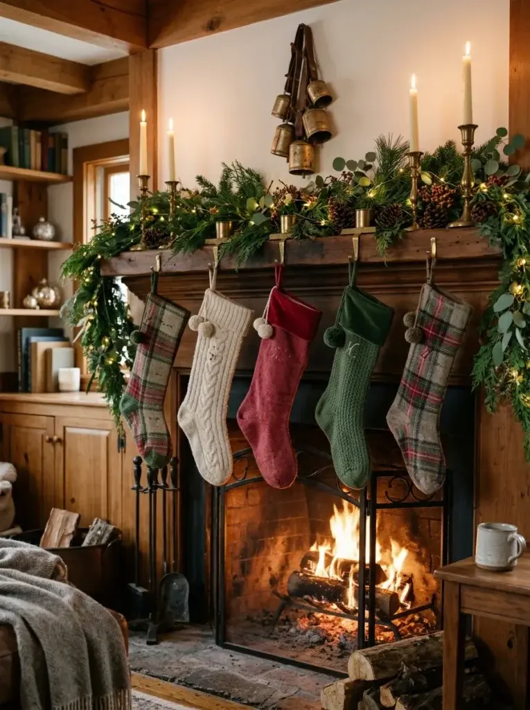 Traditional Christmas stockings in red velvet, cream knit, and green tartan hanging above a decorated fireplace.