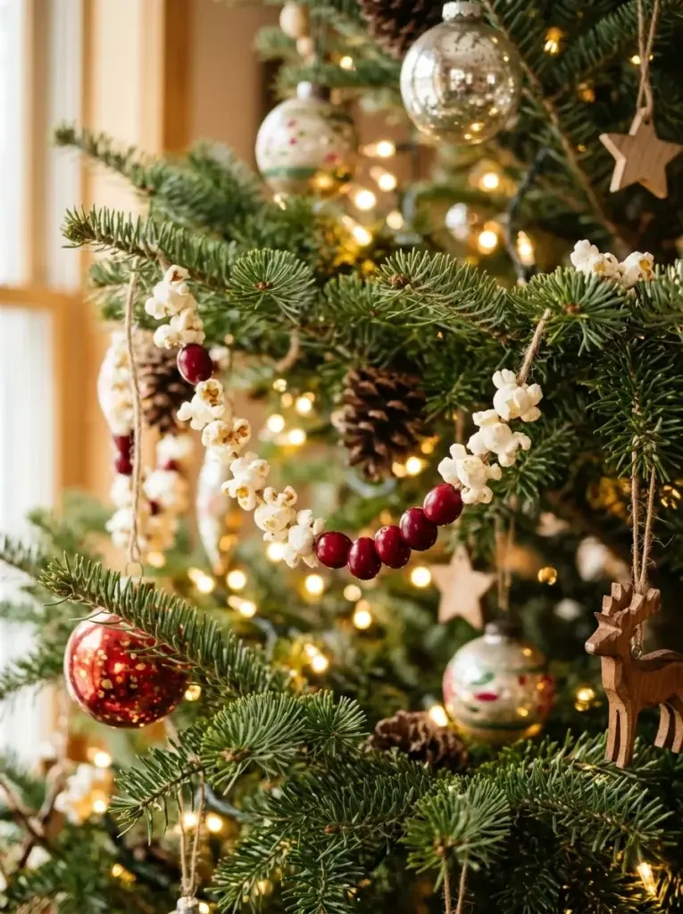 Traditional Christmas tree decorated with a handmade popcorn and cranberry garland, vintage ornaments, and warm lights.