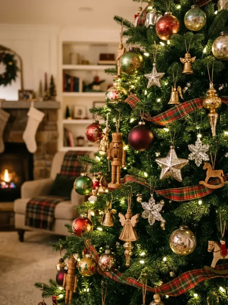 Traditional Christmas tree decorated with heirloom-style glass baubles, burgundy ornaments, and antique-gold decorations.
