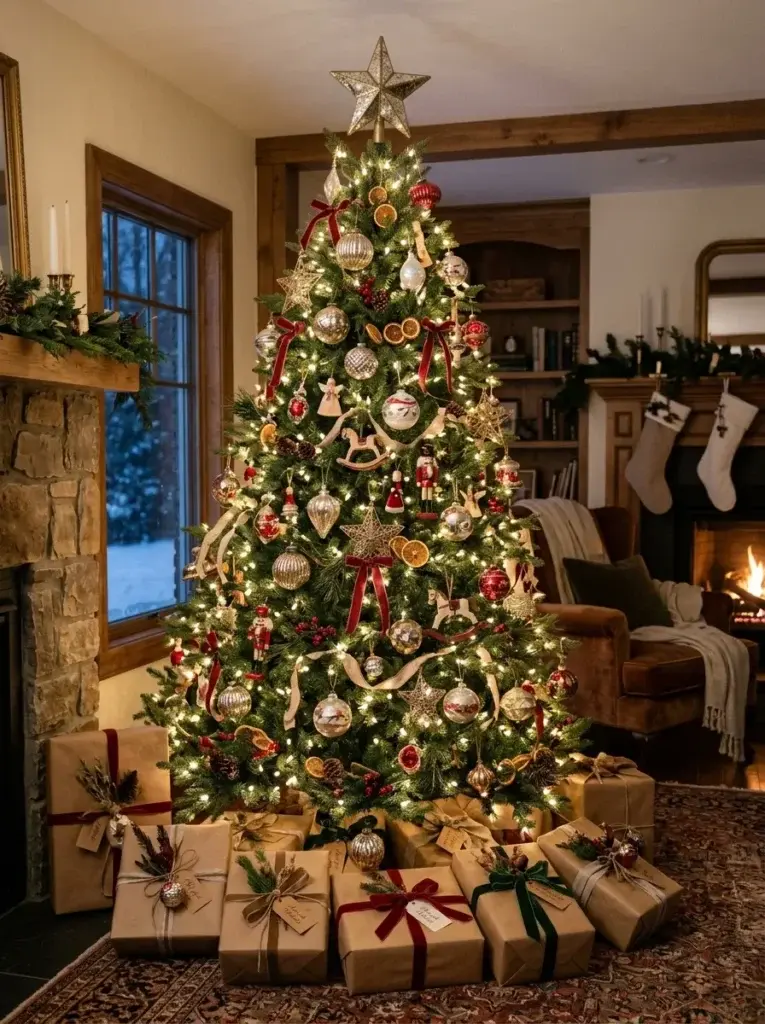 Traditional Christmas tree decorated with vintage glass baubles, red velvet ribbons, and antique gold ornaments.