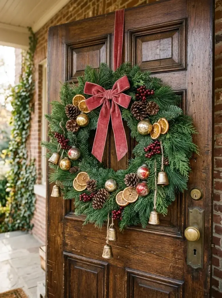 Traditional Christmas wreath with evergreen branches, pinecones, red velvet ribbon, antique gold bells, and red berries.