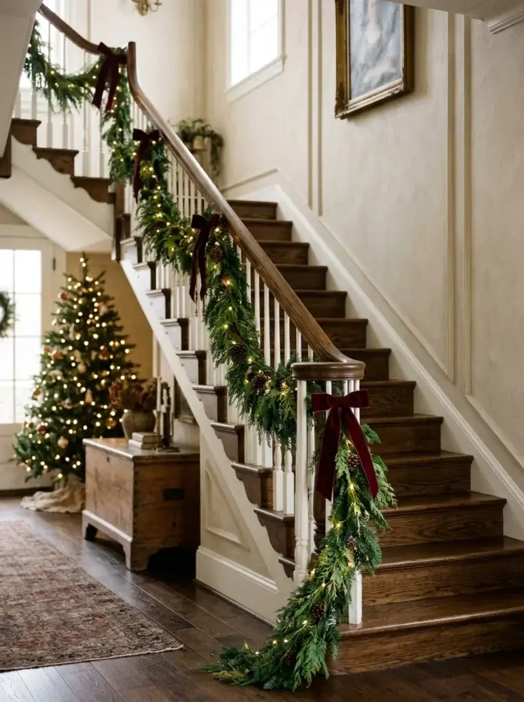 Traditional wooden staircase decorated with evergreen garland, burgundy bows, and warm Christmas lights.