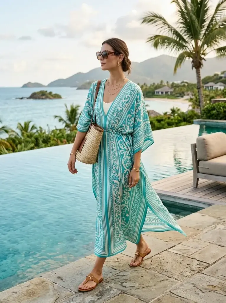 Turquoise-and-ivory printed kaftan worn over a swimsuit beside an infinity pool