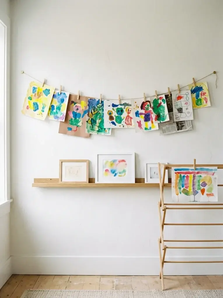Twine clip line of children’s paintings above a ledge with framed art and a drying rack
