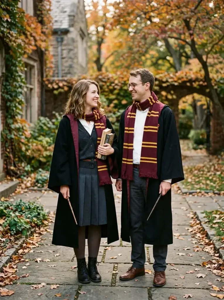 Two adults wearing coordinated Hogwarts-inspired costumes with black robes, striped scarves, round glasses, books, and wands.