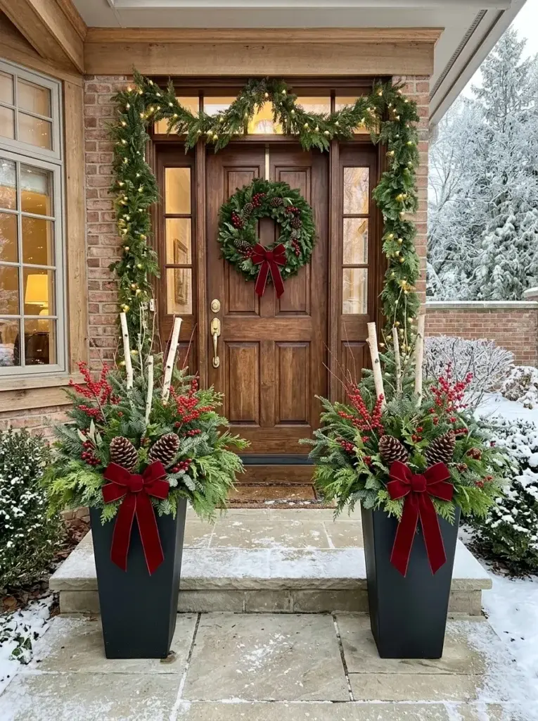 Two matching Christmas planters filled with evergreen branches, red berries, pinecones, and birch stems beside a front door.