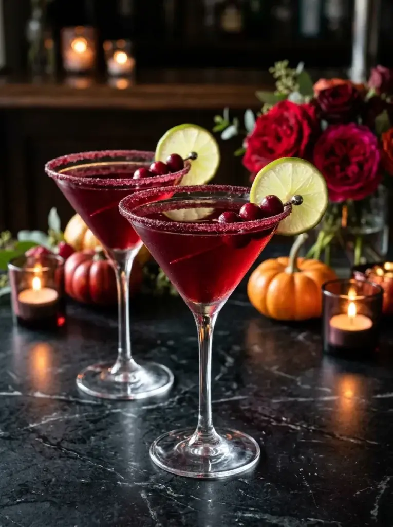 Two ruby-red vampire martinis with cranberry garnishes and dramatic Halloween-inspired styling on a dark marble surface.