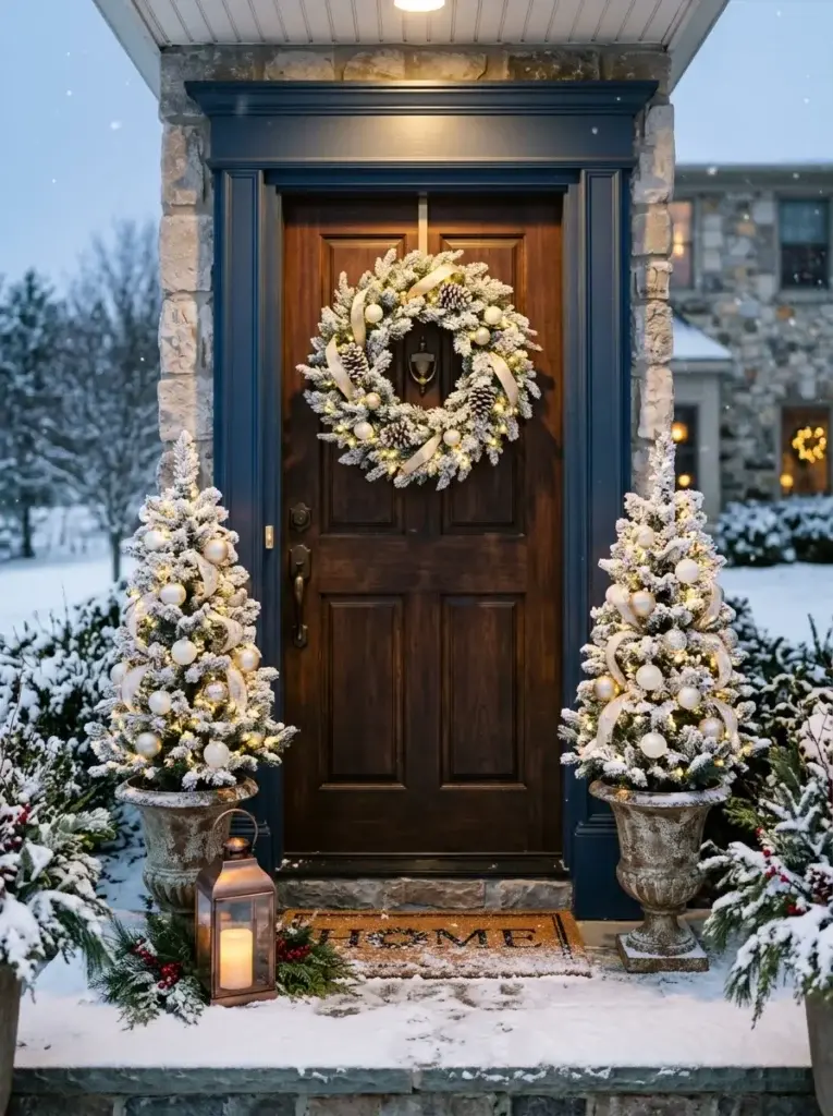 Two snow-flocked Christmas trees in decorative porch planters with ivory ornaments and warm white lights.
