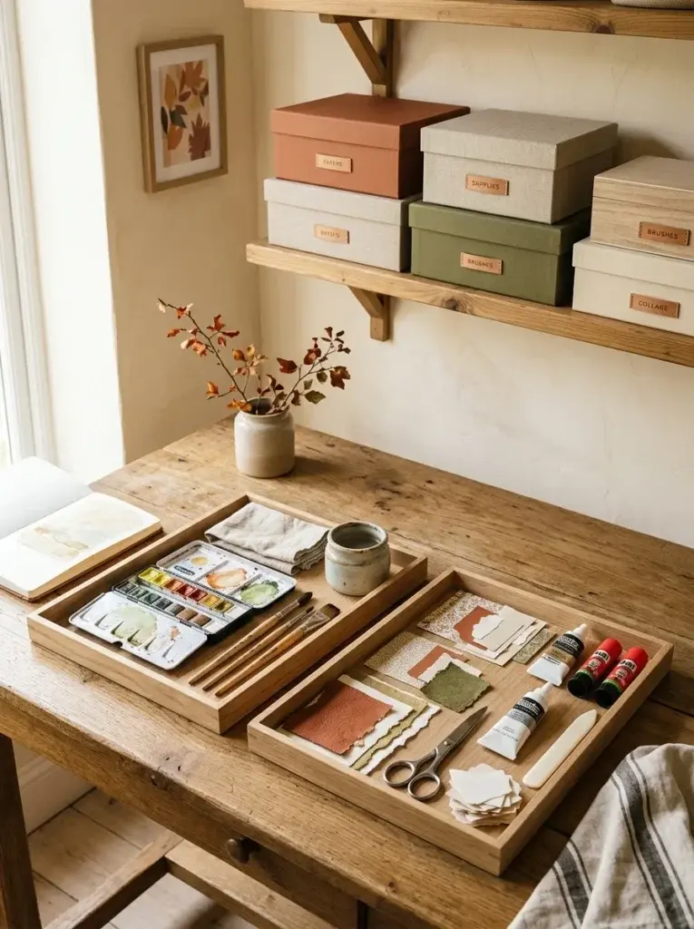 Two themed craft trays on a table with stacked storage boxes on a shelf behind
