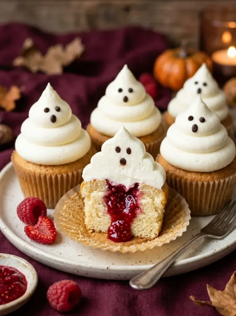 Vanilla ghost cupcakes with white buttercream decorations and a bright raspberry filling revealed inside a cut cupcake.