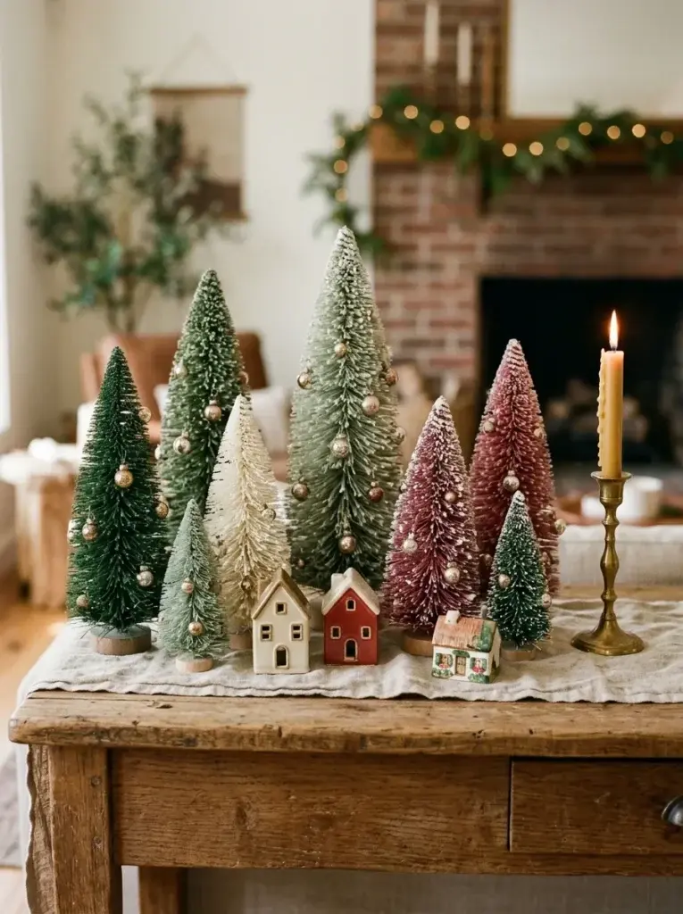 Vintage bottlebrush Christmas trees in forest green, ivory, and muted red displayed with miniature ceramic houses.