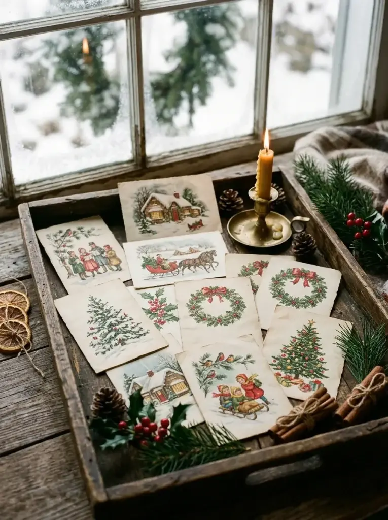 Vintage Christmas greeting cards arranged on a wooden tray with evergreen sprigs, pinecones, and brass candleholders.