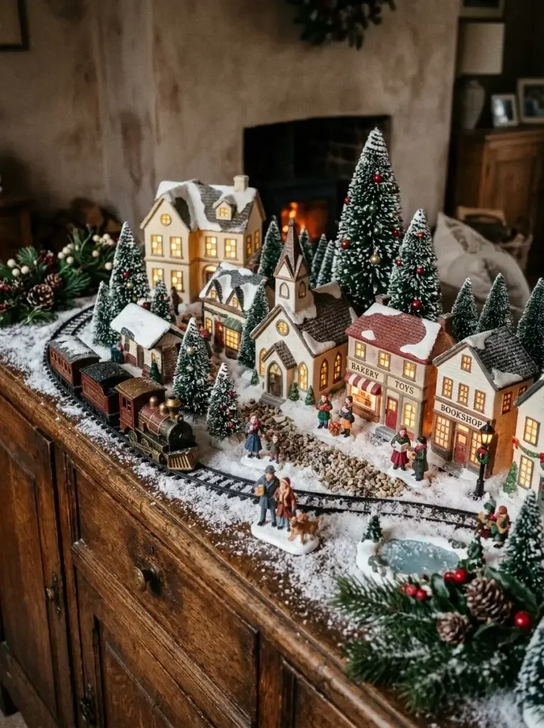 Vintage Christmas village featuring miniature snowy houses, bottlebrush trees, and glowing windows on a wooden sideboard.